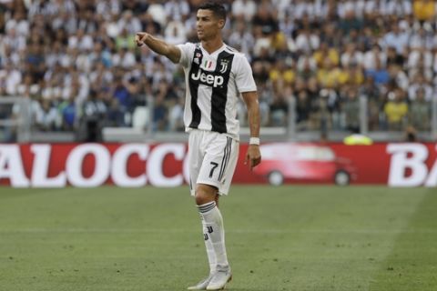 Juventus' Cristiano Ronaldo gestures during a Serie A soccer match between Juventus and Lazio, at the Allianz stadium in Turin, Italy,Saturday, Aug. 25, 2018. (AP Photo/Luca Bruno)