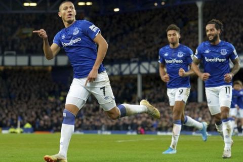 Everton's Richarlison scores his side's first goal of the game, during the English Premier League soccer match between Everton and Brighton at Goodison Park, in Liverpool, England, Saturday, Jan. 11, 2020. (Ian Hodgson/PA via AP)