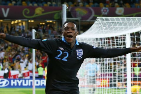 KIEV, UKRAINE - JUNE 15:  Danny Welbeck of England celebrates scoring their third goal  during the UEFA EURO 2012 group D match between Sweden and England at The Olympic Stadium on June 15, 2012 in Kiev, Ukraine.  (Photo by Alex Livesey/Getty Images)
