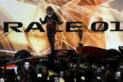 Red Bull driver Max Verstappen of the Netherlands celebrates after he won the Formula One Bahrain Grand Prix at Sakhir circuit, Sunday, March 5, 2023. (AP Photo/Frank Augstein)
