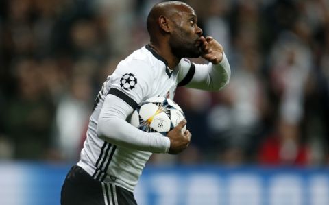 Besiktas' Vagner Love celebrates after scoring a goal during the Champions League, round of 16, second leg, soccer match between Besiktas and Bayern Munich at Vodafone Arena stadium in Istanbul, Wednesday, March 14, 2018. (AP Photo/Lefteris Pitarakis)