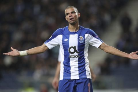 Porto's Pepe gestures during the Europa League group G soccer match between FC Porto and Rangers FC at the Dragao stadium in Porto, Portugal, Thursday, Oct. 24, 2019. (AP Photo/Luis Vieira)