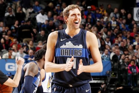 DALLAS, TX - JANUARY 3: Dirk Nowitzki #41 of the Dallas Mavericks reacts during the game against the Golden State Warriors on January 3, 2018 at the American Airlines Center in Dallas, Texas. NOTE TO USER: User expressly acknowledges and agrees that, by downloading and or using this photograph, User is consenting to the terms and conditions of the Getty Images License Agreement. Mandatory Copyright Notice: Copyright 2018 NBAE (Photo by Danny Bollinger/NBAE via Getty Images)
