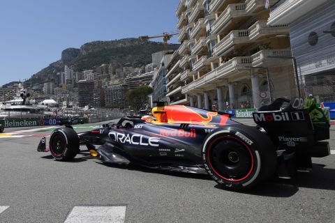 Red Bull driver Max Verstappen of the Netherlands pulls onto the track during the Formula One first practice session at the Monaco racetrack, in Monaco, Friday, May 26, 2023. The Formula One race will be held on Sunday. (AP Photo/Luca Bruno)