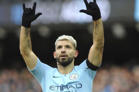 Manchester City's Sergio Aguero celebrates after scoring his side's second goal during the English Premier League soccer match between Manchester City and Chelsea at Etihad stadium in Manchester, England, Sunday, Feb. 10, 2019. (AP Photo/Rui Vieira)