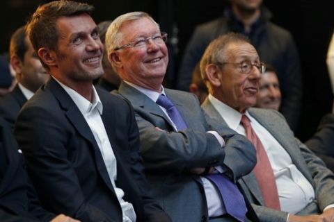 IMAGE DISTRIBUTED FOR INTERNATIONAL CHAMPIONS CUP - ICC ambassadors Paolo Maldini, left, Sir Alex Ferguson and Stephen Ross, co-founder RSE Ventures, right, watch the 2017 International Champions Cup presented by Heineken launch on Tuesday, March 21, 2017, in New York. (Adam Hunger/AP Images for International Champions Cup)