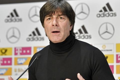 Germany's national head coach Joachim Loew talks to the media at a press conference prior the friendly soccer match between Germany and England in Dortmund, Germany, Tuesday, March 21, 2017. (AP Photo/Martin Meissner)