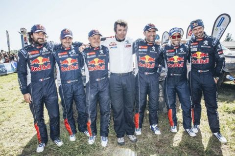 Team Peugeot Total  crews  at finish line of stage 13 of Rally Dakar 2016 from Villa Carlos Paz to Rosario, Argentina on January 16, 2016.