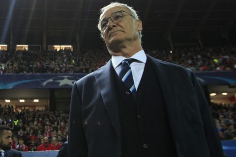 FILE - In this file photo dated Wednesday, Feb. 22, 2017, Leicester manager Claudio Ranieri stands pitch side ahead of the Champions League round of 16 soccer match between Sevilla and Leicester City at the Ramon Sanchez-Pizjuan stadium in Seville, Spain.  Ranieri refuses to accept that Leicester's players were behind his firing as manager of the unlikely English champions, Monday April 10, 2017,  during his first interview since his dismissal in February. (AP Photo/Miguel Morenatti, FILE)