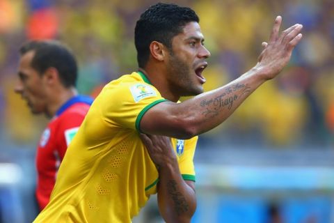 BELO HORIZONTE, BRAZIL - JUNE 28: Hulk of Brazil reacts to his goal being disallowed after a hand ball during the 2014 FIFA World Cup Brazil round of 16 match between Brazil and Chile at Estadio Mineirao on June 28, 2014 in Belo Horizonte, Brazil.  (Photo by Jeff Gross/Getty Images)