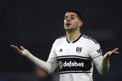 Fulham's Aleksandar Mitrovic reacts after the final whistle during the English Premier League soccer match between Burnley and Fulham at the Turf Moor stadium, Burnley, England. Saturday, Jan. 12, 2019. (Dave Thompson/PA via AP)