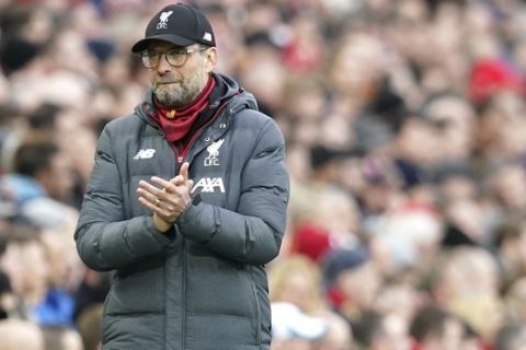 Liverpool's manager Jurgen Klopp during the English Premier League soccer match between Liverpool and Southampton at Anfield Stadium, Liverpool, England, Saturday, February 1, 2020. (AP Photo/Jon Super)