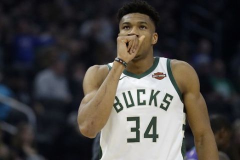 Milwaukee Bucks' Giannis Antetokounmpo before an NBA basketball game against the Charlotte Hornets Saturday, March 9, 2019, in Milwaukee. (AP Photo/Aaron Gash)