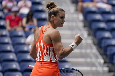 Maria Sakkari, of Greece, reacts after a point against Wang Xiyu, of China, during the second round of the US Open tennis championships, Wednesday, Aug. 31, 2022, in New York. (AP Photo/John Minchillo)