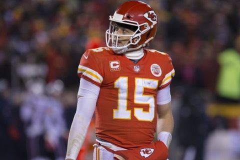 Kansas City Chiefs quarterback Patrick Mahomes (15) looks dejectedly back at the scoreboard in the fourth quarter of the AFC Championship at Arrowhead Stadium in Kansas City, Missouri, January 20, 2019. The Patriots defeated the Chiefs 37-31 in overtime to face the Los Angeles Rams in Super Bowl LIII. PUBLICATIONxINxGERxSUIxAUTxHUNxONLY KCP2019012085 KYLExRIVAS  
