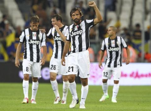 TURIN, ITALY - AUGUST 25:  Andrea Pirlo of Juventus FC celebrates his goal during the Serie A match between Juventus and Parma FC at Juventus Arena on August 25, 2012 in Turin, Italy.  (Photo by Marco Luzzani/Getty Images)
