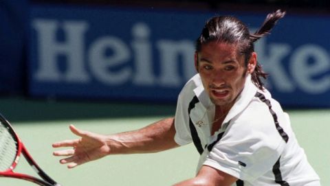 Marcelo Rios of Chile in action during the mens final of the Australian Open against Petr Korda of the Czech Republic in Melbourne, Australia, Sunday,  February 1, 1998.(AP Photo/Rick Rycroft)