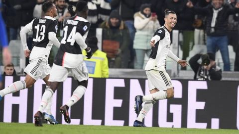 Juventus' Cristiano Ronaldo celebrates after scoring a goal against Parma during an Italian Serie A Soccer match at the Allianz Stadium in Torino, Italy, Sunday, Jan. 19, 2020. (Fabio Ferrari/LaPresse via AP)