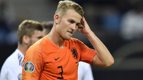 Netherland's Matthijs de Ligt plays during the Euro 2020 group C qualifying soccer match between Germany and The Netherlands in Hamburg, Germany, Friday Sept. 6, 2019. (AP Photo/Martin Meissner)