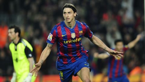 FC Barcelona's Zlatan Ibrahimovic of Sweden reacts after scoring against Osasuna during a Spanish La Liga soccer match at the Camp Nou stadium in Barcelona, Spain, Wednesday, March 24, 2010. (AP Photo/Manu Fernandez)