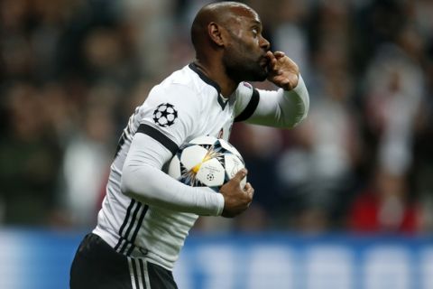 Besiktas' Vagner Love celebrates after scoring a goal during the Champions League, round of 16, second leg, soccer match between Besiktas and Bayern Munich at Vodafone Arena stadium in Istanbul, Wednesday, March 14, 2018. (AP Photo/Lefteris Pitarakis)