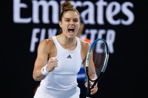 Maria Sakkari of Greece reacts after winning a point against Zheng Qinwen of China during their second round match at the Australian Open tennis championships in Melbourne, Australia, Wednesday, Jan. 19, 2022. (AP Photo/Hamish Blair)
