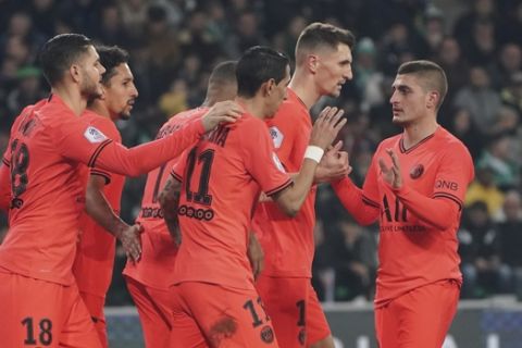 PSG's Mauro Icardi, second right, celebrates after scoring his side's third goal during the French League One soccer match between Saint-Etienne and Paris Saint-Germain, at the Geoffroy Guichard stadium, in Saint-Etienne, central France, Sunday, Dec. 15, 2019. (AP Photo/Laurent Cipriani)