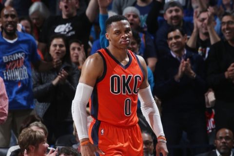 OKLAHOMA CITY, OK - FEBRUARY 26: Russell Westbrook #0 of the Oklahoma City Thunder is seen during the game against the New Orleans Pelicans  on February 26, 2017 at the Chesapeake Energy Arena in Oklahoma City, Oklahoma. NOTE TO USER: User expressly acknowledges and agrees that, by downloading and or using this Photograph, user is consenting to the terms and conditions of the Getty Images License Agreement. Mandatory Copyright Notice: Copyright 2017 NBAE (Photo by Layne Murdoch/NBAE via Getty Images)