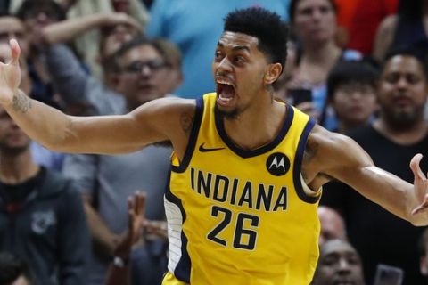 Indiana Pacers guard Jeremy Lamb reacts after a play during the second half of the team's NBA basketball game against the Miami Heat, Friday, Dec. 27, 2019, in Miami. The Heat defeated the Pacers 113-112. (AP Photo/Wilfredo Lee)