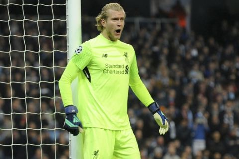 Liverpool goalkeeper Loris Karius shouts during the Champions League quarterfinal second leg soccer match between Manchester City and Liverpool at Etihad stadium in Manchester, England, Tuesday, April 10, 2018. (AP Photo/Rui Vieira)
