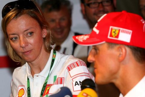 11.05.2007 Barcelona, Spain, 
Michael Schumacher (GER), Scuderia Ferrari, Advisor, Press conference, with Sabine Kehm (GER), Michael Schumacher's personal press officer - Formula 1 World Championship, Rd 4, Spanish Grand Prix, Friday Practice - www.xpb.cc, EMail: info@xpb.cc - copy of publication required for printed pictures. Every used picture is fee-liable. © Copyright: Batchelor / xpb.cc