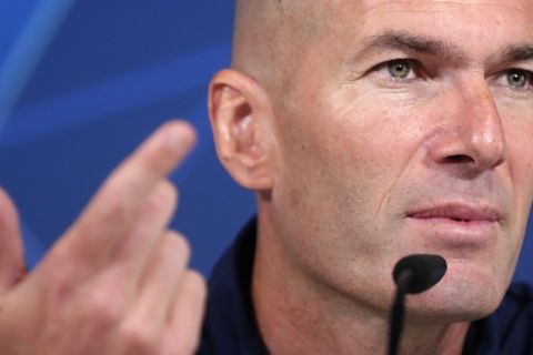 Real Madrid's head coach Zinedine Zidane gestures during a press conference at the team's Valdebebas training ground in Madrid, Spain, Tuesday, Nov. 5, 2019. Real Madrid will play against Galatasaray in a Champions League soccer match Group A on Wednesday. (AP Photo/Manu Fernandez)