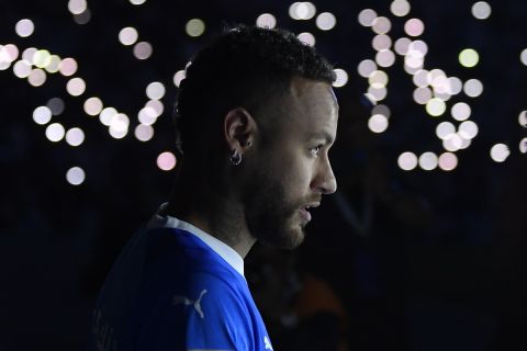 Brazilian national team's historical top scorer and the star of Paris Saint-Germain, Neymar Jr. attends the official unveiling as a new member of Saudi Al Hilal club at King Fahd Stadium in Riyadh, Saudi Arabia, Saturday, Aug. 19, 2023. Al Hilal club reached an agreement on the transfer of the Brazil forward for a reported 90 million euros ($98 million), a record for a league that is now financially backed by the oil-rich state. (AP Photo)