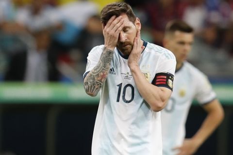 Argentina's Lionel Messi reacts during a Copa America Group B soccer match at the Arena Fonte Nova in Salvador, Brazil, Saturday, June 15, 2019. (AP Photo/Natacha Pisarenko)
