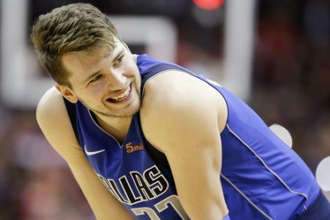 Dallas Mavericks forward Luka Doncic reacts after being called for a foul late in the second half of an NBA basketball game against the Houston Rockets, Monday, Feb. 11, 2019, in Houston. Houston won 120-104. (AP Photo/Eric Christian Smith)