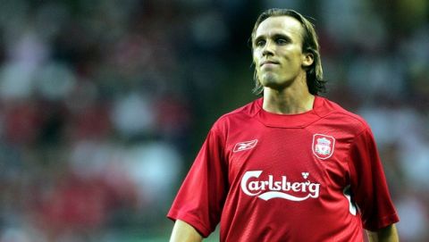 Liverpool's new signing, Bolo Zenden, in action against Welsh champions T.N.S. during the first leg of their UEFA Champions League Qualifying game at Anfield, Liverpool, England, Wednesday July 13, 2005. Liverpool won 3-0. (AP Photo/Paul Ellis)