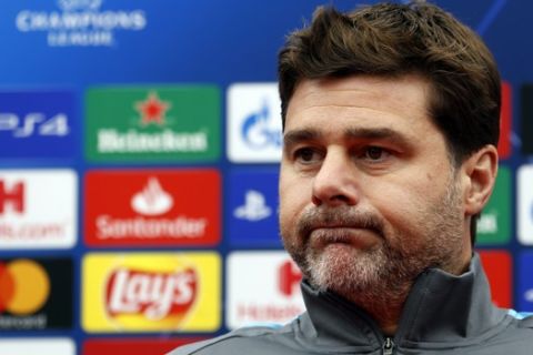 Tottenham's manager Mauricio Pochettino reacts during a press conference prior to the Champions League group B soccer match between Red Star and Tottenham, in Belgrade, Serbia, Tuesday, Nov. 5, 2019. Tottenham will face Red Star on Wednesday, Nov. 6. (AP Photo/Darko Vojinovic)