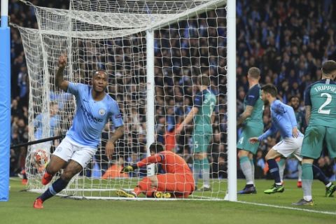Manchester City midfielder Raheem Sterling celebrates his side's third goal during the Champions League quarterfinal, second leg, soccer match between Manchester City and Tottenham Hotspur at the Etihad Stadium in Manchester, England, Wednesday, April 17, 2019. (AP Photo/Jon Super)
