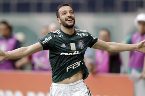 Palmeiras' Edu Dracena celebrates scoring against Vitoria during a Brazilian championship soccer match in Sao Paulo, Brazil, Sunday, Dec. 2, 2018. (AP Photo/Andre Penner)