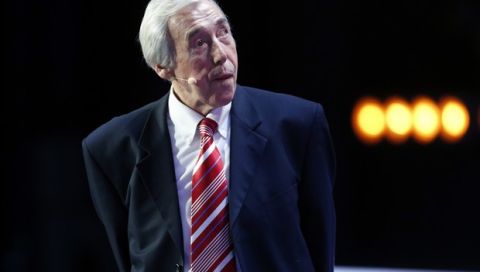 Former English soccer international Gordon Banks stands on stage as he assists with the 2018 soccer World Cup draw in the Kremlin in Moscow, Friday Dec. 1, 2017. (AP Photo/Alexander Zemlianichenko)