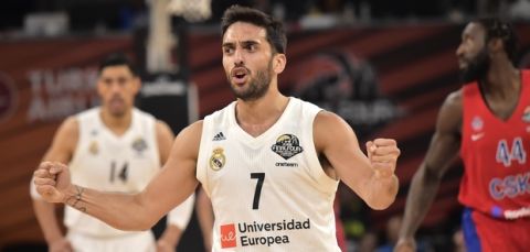 Madrid's Facundo Campazzo celebrates after scoring a point during the Euroleague Final Four semifinal basketball match between CSKA Moscow and Real Madrid at the Fernando Buesa Arena in Vitoria, Spain, Friday, May 17, 2019. (AP Photo/Alvaro Barrientos)