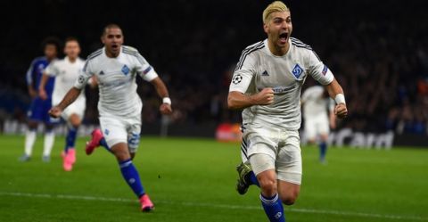 LONDON, ENGLAND - NOVEMBER 04:  Aleksandar Dragovicof Dynamo Kyiv celebrates scoring his side's first goal during the UEFA Champions League Group G match between Chelsea FC and FC Dynamo Kyiv at Stamford Bridge on November 4, 2015 in London, United Kingdom.  (Photo by Mike Hewitt/Getty Images)