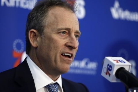 Philadelphia 76ers owner Josh Harris speaks with members of the media during a news conference at the NBA basketball team's practice facility in Camden, N.J., Tuesday, Nov. 13, 2018. (AP Photo/Matt Rourke)