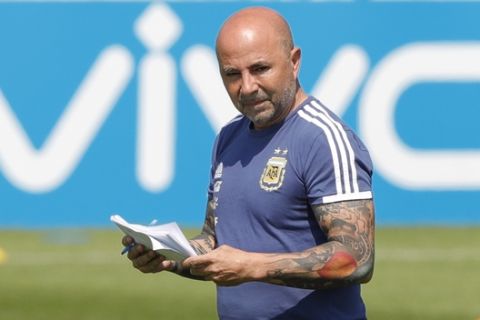 Coach Jorge Sampaoli during a training session of Argentina at the 2018 soccer World Cup in Bronnitsy, Russia, Saturday, June 23, 2018. (AP Photo/Ricardo Mazalan)