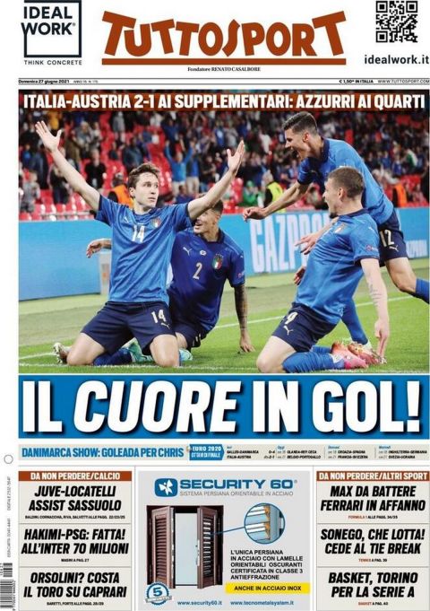 Το πρωτοσέλιδο της Tuttosport για την πρόκριση της Ιταλίας στα προημιτελικά του Euro 2020 εις βάρος της Αυστρίας