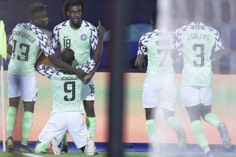 Nigeria's Odin Ighalo celebrates with his teammates after scoring during the African Cup of Nations third place soccer match between Nigeria and Tunisia in Al Salam stadium in Cairo, Egypt, Wednesday, July 17, 2019. (AP Photo/Hassan Ammar)