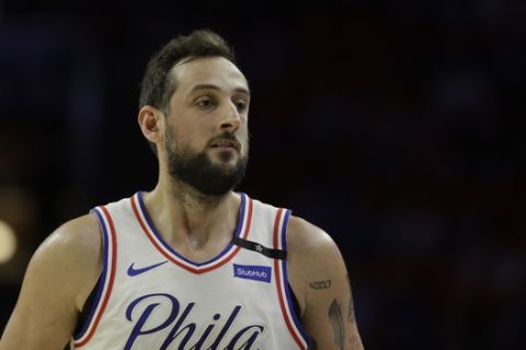 Philadelphia 76ers' Marco Belinelli in action during Game 4 of an NBA basketball second-round playoff series against the Boston Celtics, Monday, May 7, 2018, in Philadelphia. (AP Photo/Matt Slocum)
