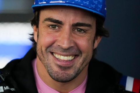 Alpine driver Fernando Alonso of Spain listens to questions of journalists during interviews ahead of the Austrian Formula One Grand Prix at the Red Bull Ring racetrack in Spielberg, Thursday, July 7, 2022. The Austrian F1 Grand Prix will be held on Sunday July 10, 2022. (AP Photo/Matthias Schrader)