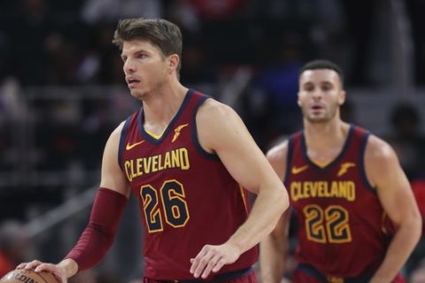 Cleveland Cavaliers guard Kyle Korver (26) brings the ball up court during the second half of an NBA basketball game against the Detroit Pistons, Thursday, Oct. 25, 2018, in Detroit. (AP Photo/Carlos Osorio)