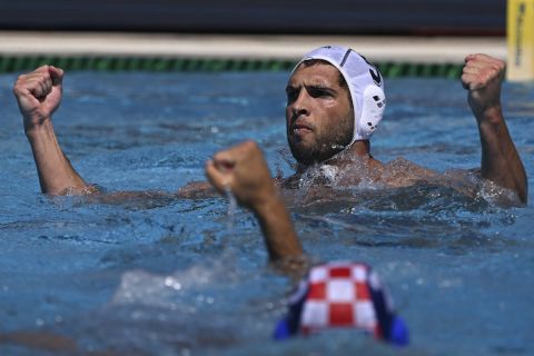 Ioannis Fountoulis of Greece reacts during the Men's water polo bronze medal match between Greece and Croatia at the 19th FINA World Championships in Budapest, Hungary, Sunday, July 3, 2022. (AP Photo/Anna Szilagyi)